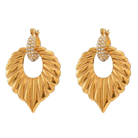 Zircon Micro Pave Chunky Palm Leaf Drop Statement Earrings 18K Gold Plated - Picture 4 of 7